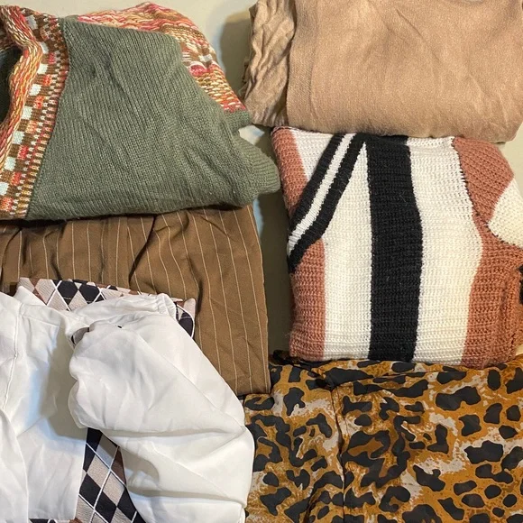 SHEIN White Puff Sleeve Blouse with Argyle Crop Overlay - Brown, Black, White - Picture 1 of 7